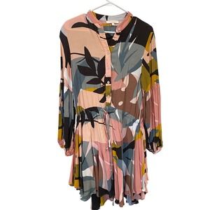 Olivacious Abstract Leaf Print Button Front Tie Long Sleeve Dress Women Size S
